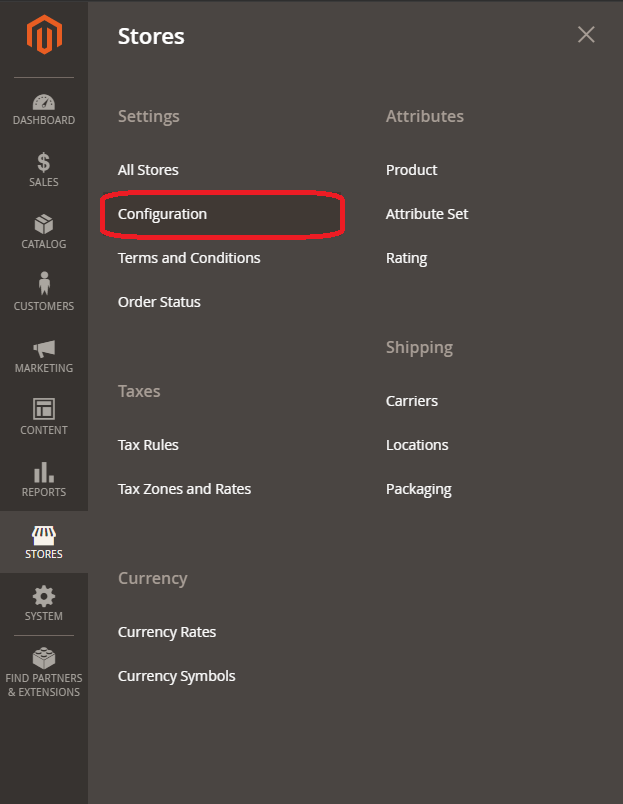 Stores -> Settings -> Configuration